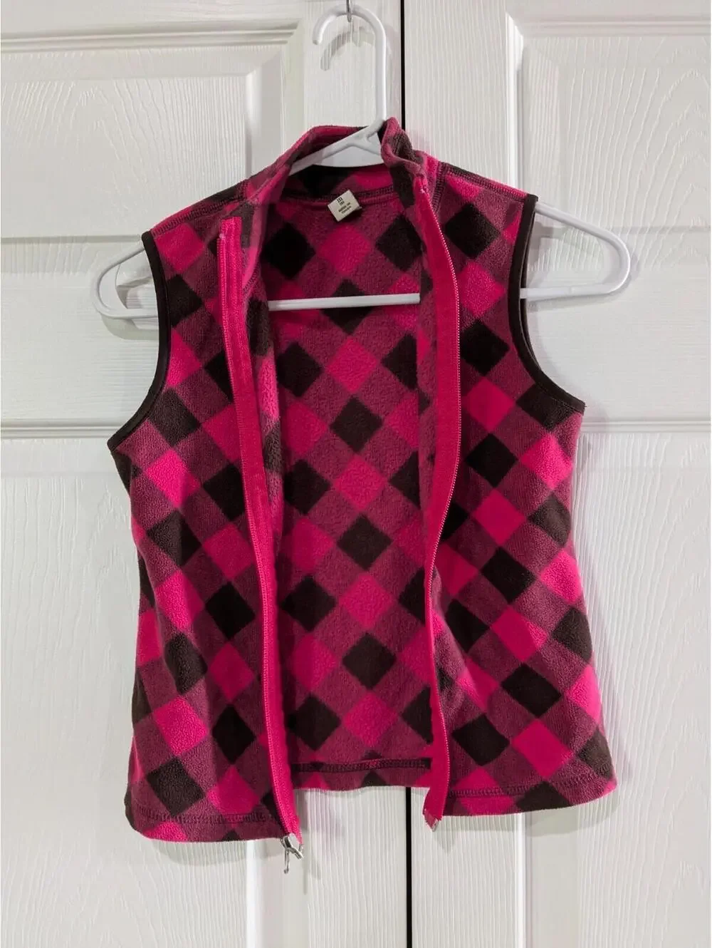 Old Navy Girls Vest Pink Brown Buffalo Plaid Fleece M (8) 2010 Zip Front